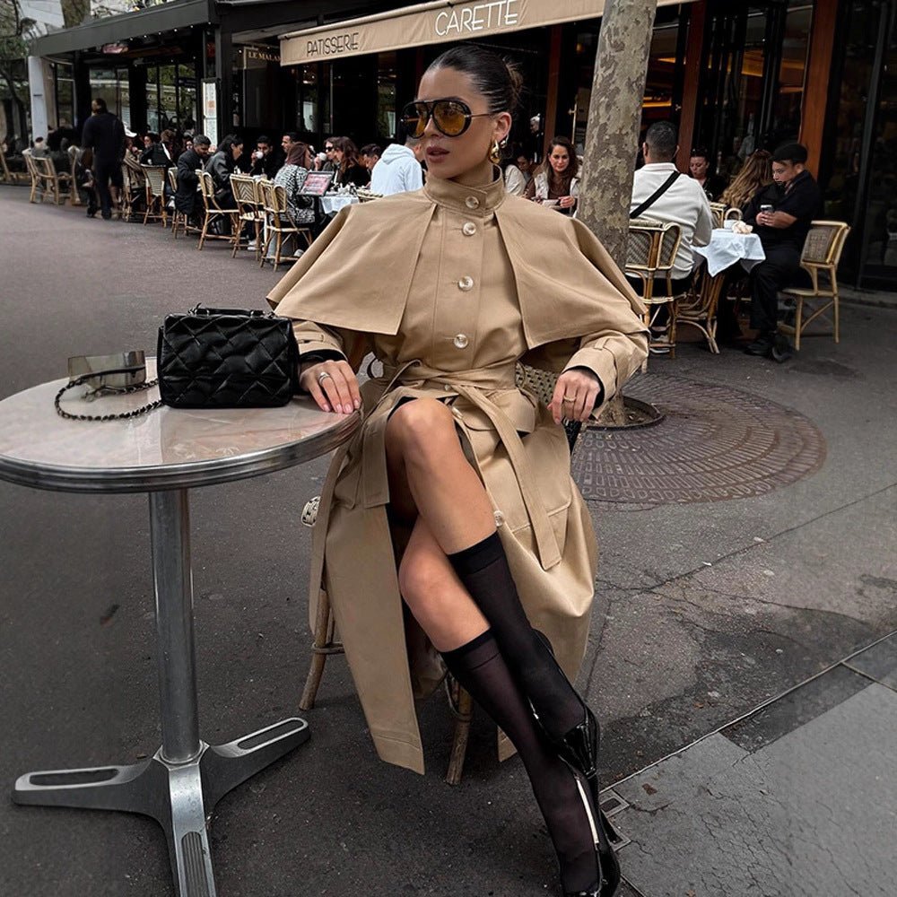 Women Long Trench Coat with Capelet, Waist Belt and Storm Collar Chichicherry - Chichicherry