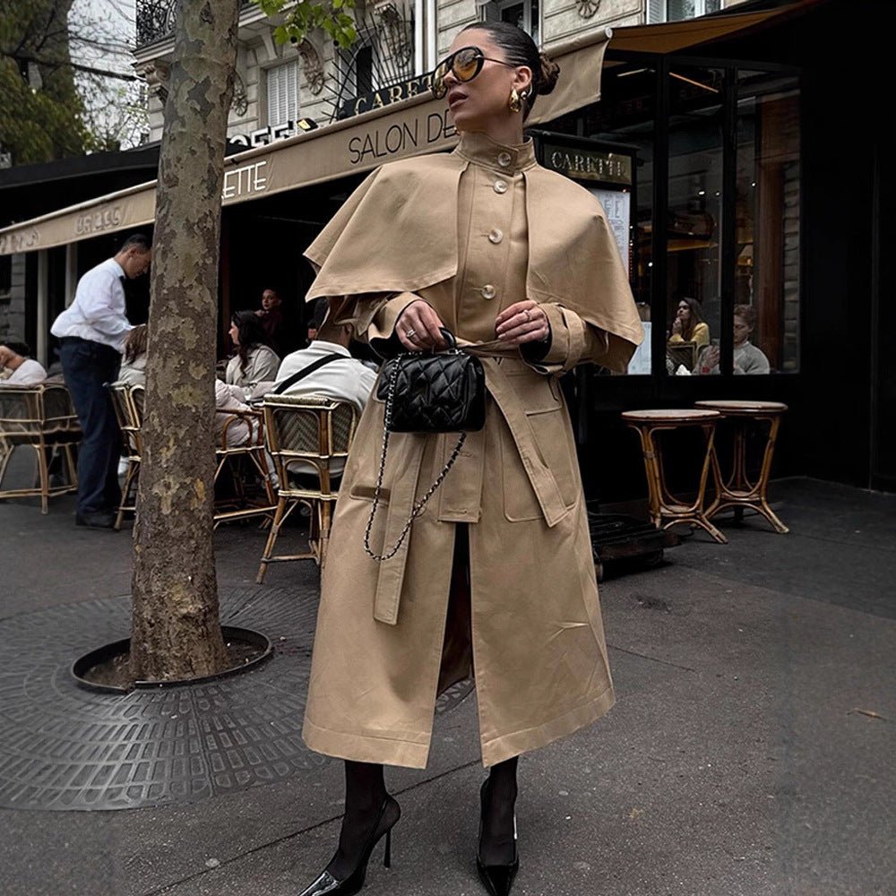 Women Long Trench Coat with Capelet, Waist Belt and Storm Collar Chichicherry - Chichicherry