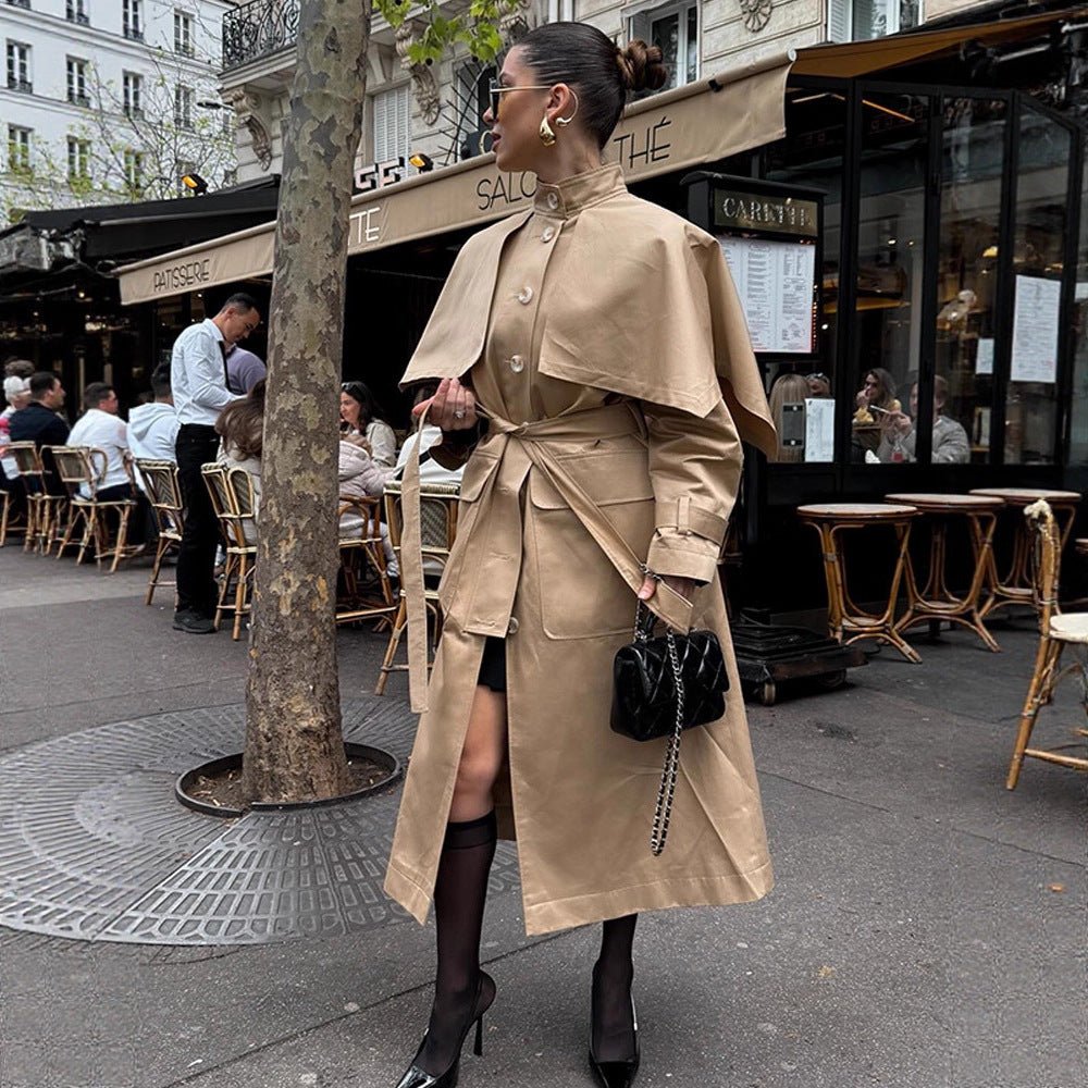 Women Long Trench Coat with Capelet, Waist Belt and Storm Collar Chichicherry - Chichicherry