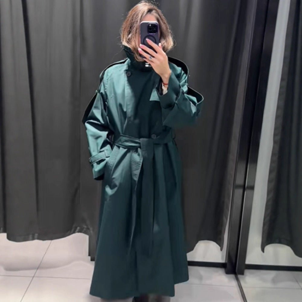 Women Long Water-Repellent Trench Coat with Waist Belt and High Stand Collar Chichicherry - Chichicherry