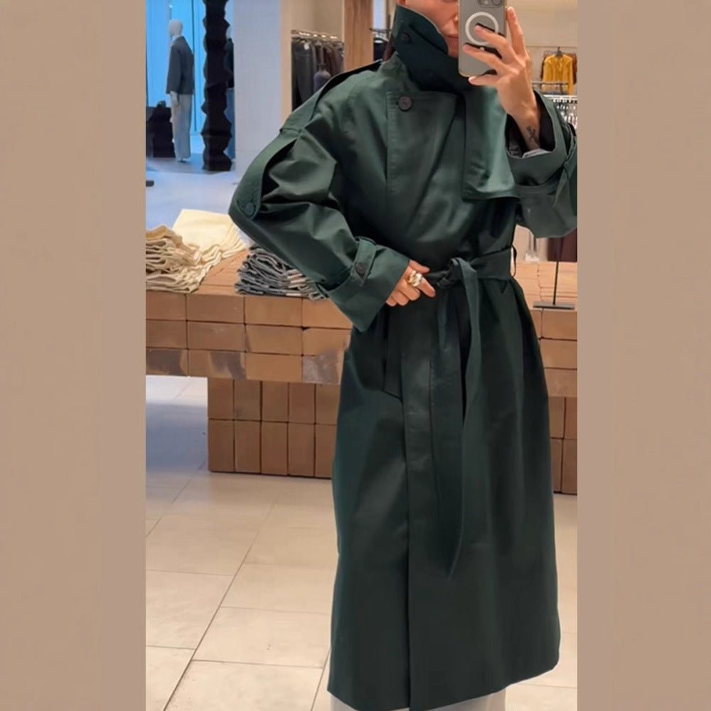 Women Long Water-Repellent Trench Coat with Waist Belt and High Stand Collar Chichicherry - Chichicherry