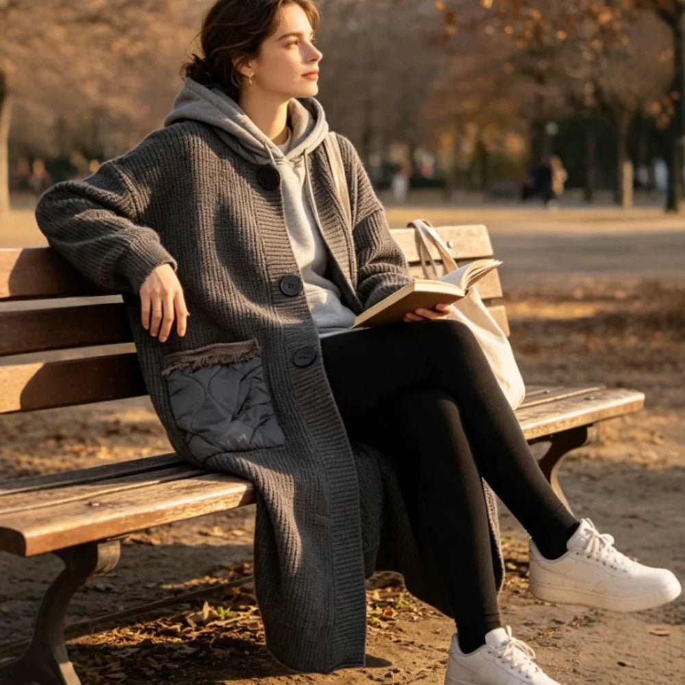 Women Longer Chunky Knit Coat with Hood, Ribbed Cuffs & Patch Pockets Chichicherry - Chichicherry