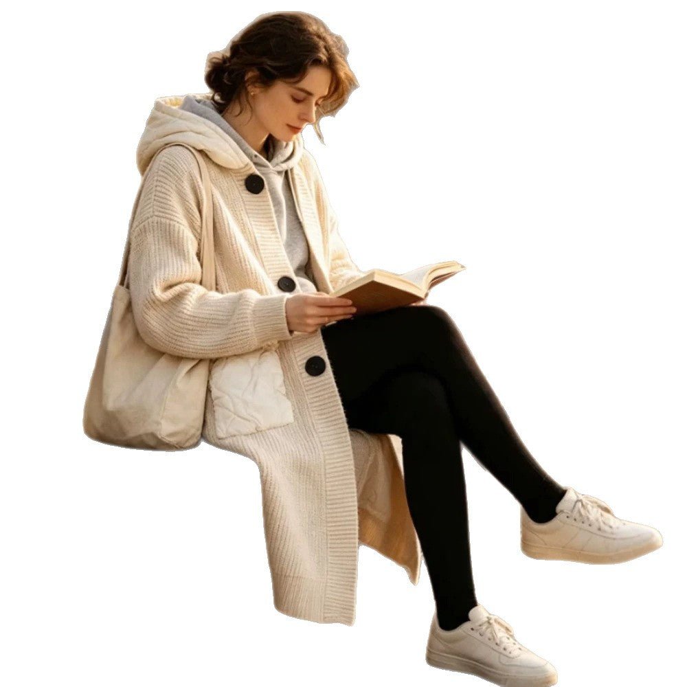 Women Longer Chunky Knit Coat with Hood, Ribbed Cuffs & Patch Pockets Chichicherry - Chichicherry