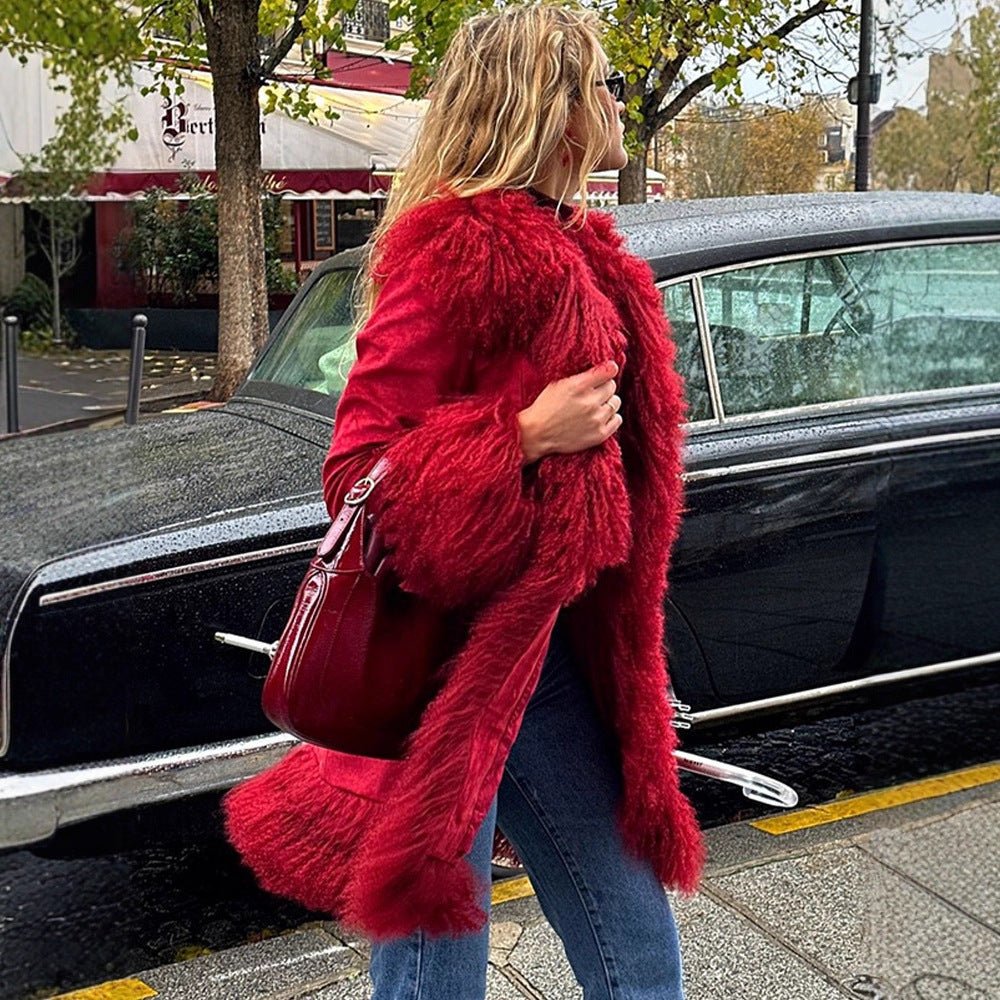 Women Longer Faux Fur Coat with Voluminous Shawl Collar and Decorative Fur Cuffs Chichicherry - Chichicherry