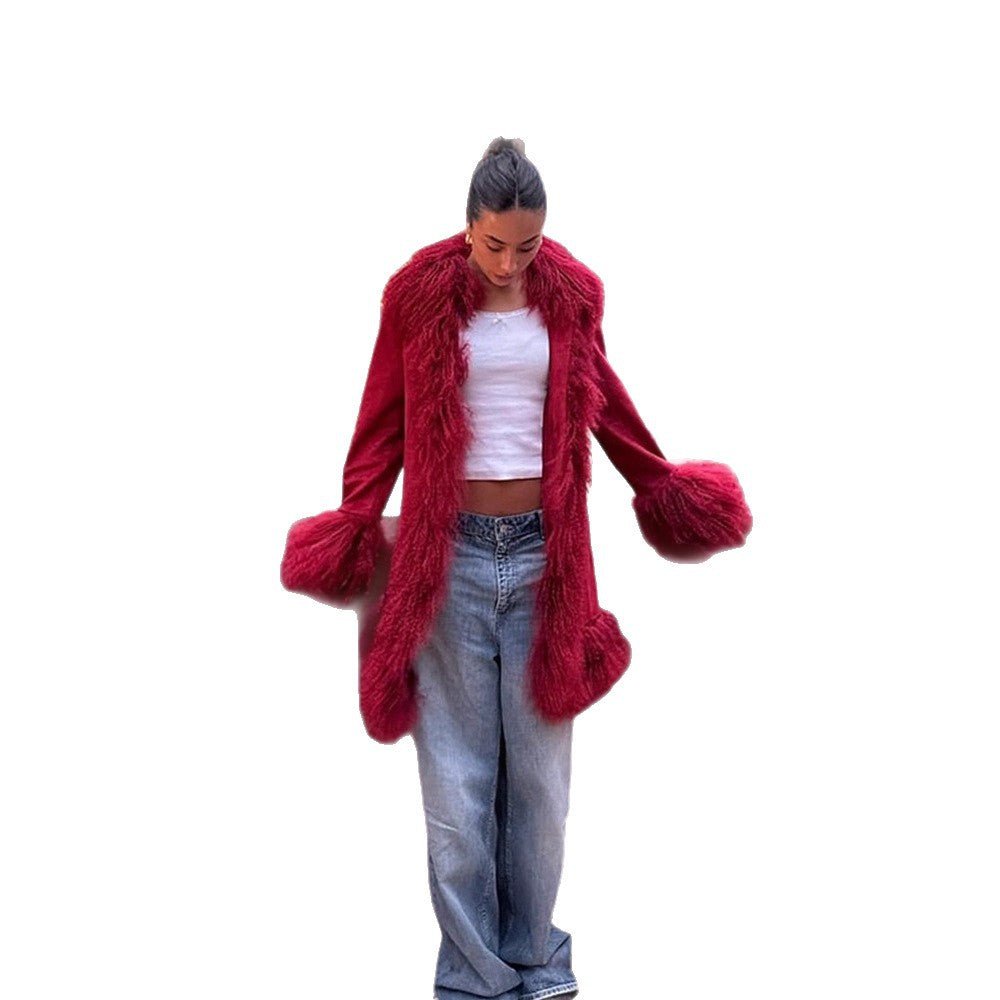 Women Longer Faux Fur Coat with Voluminous Shawl Collar and Decorative Fur Cuffs Chichicherry - Chichicherry