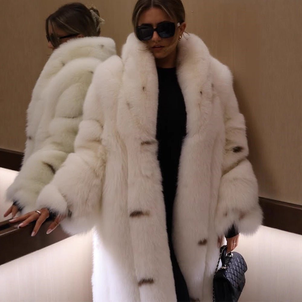 Women longer vegan faux fur coat with hood and voluminous fur collar Chichicherry - Chichicherry