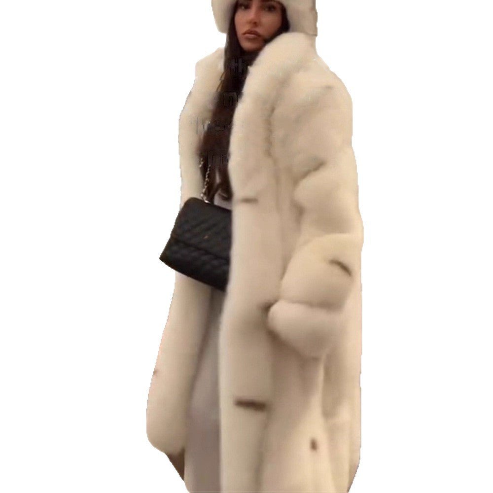 Women longer vegan faux fur coat with hood and voluminous fur collar Chichicherry - Chichicherry