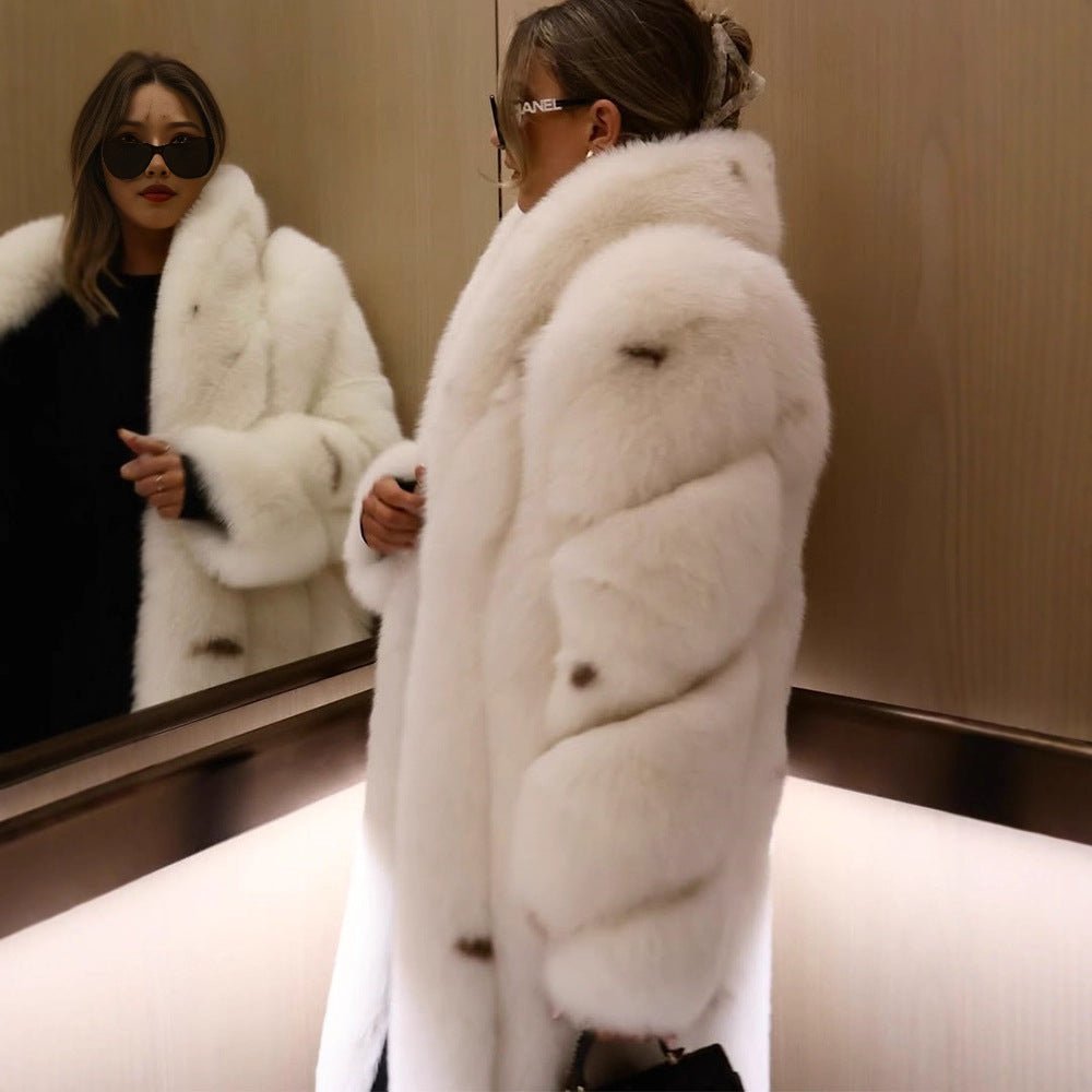 Women longer vegan faux fur coat with hood and voluminous fur collar Chichicherry - Chichicherry