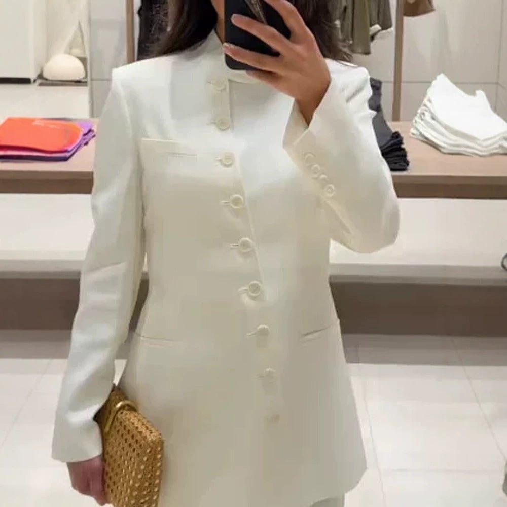 Women Longline Blazer with Stand Collar and Slim Silhouette Chichicherry - Chichicherry