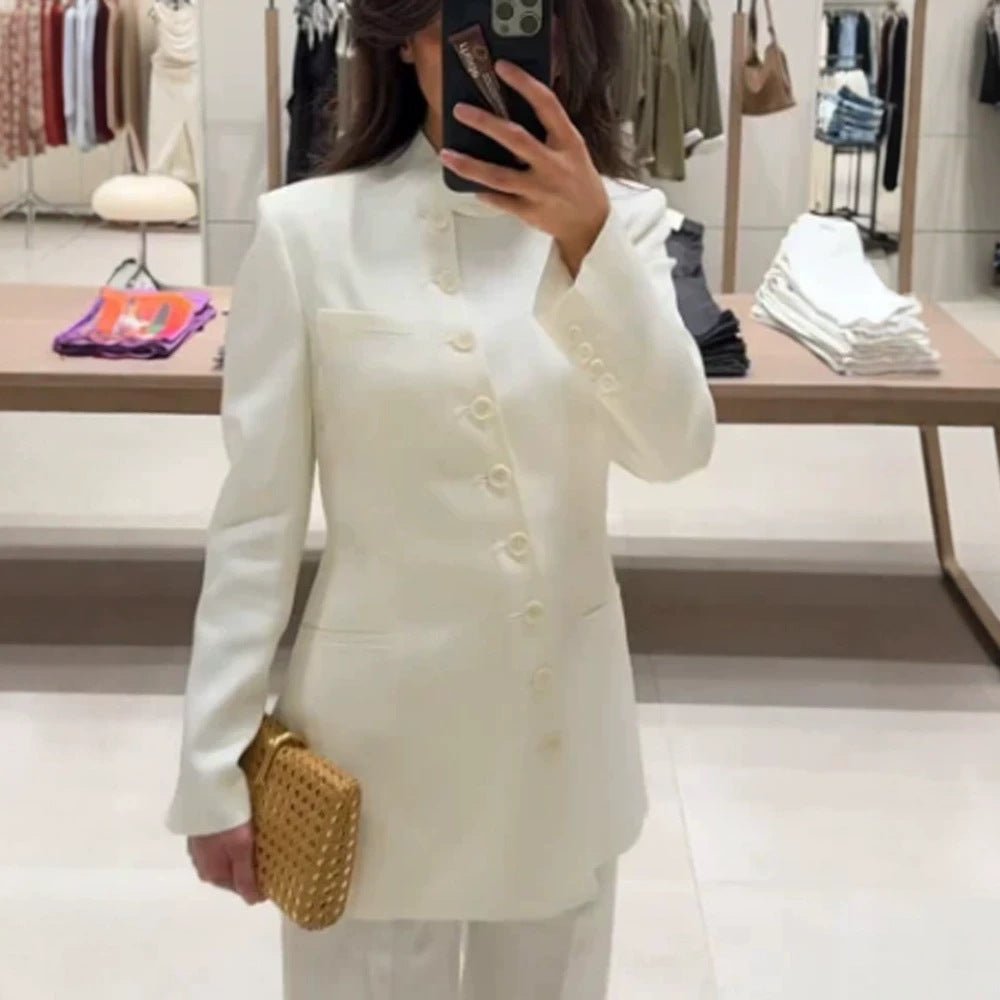 Women Longline Blazer with Stand Collar and Slim Silhouette Chichicherry - Chichicherry