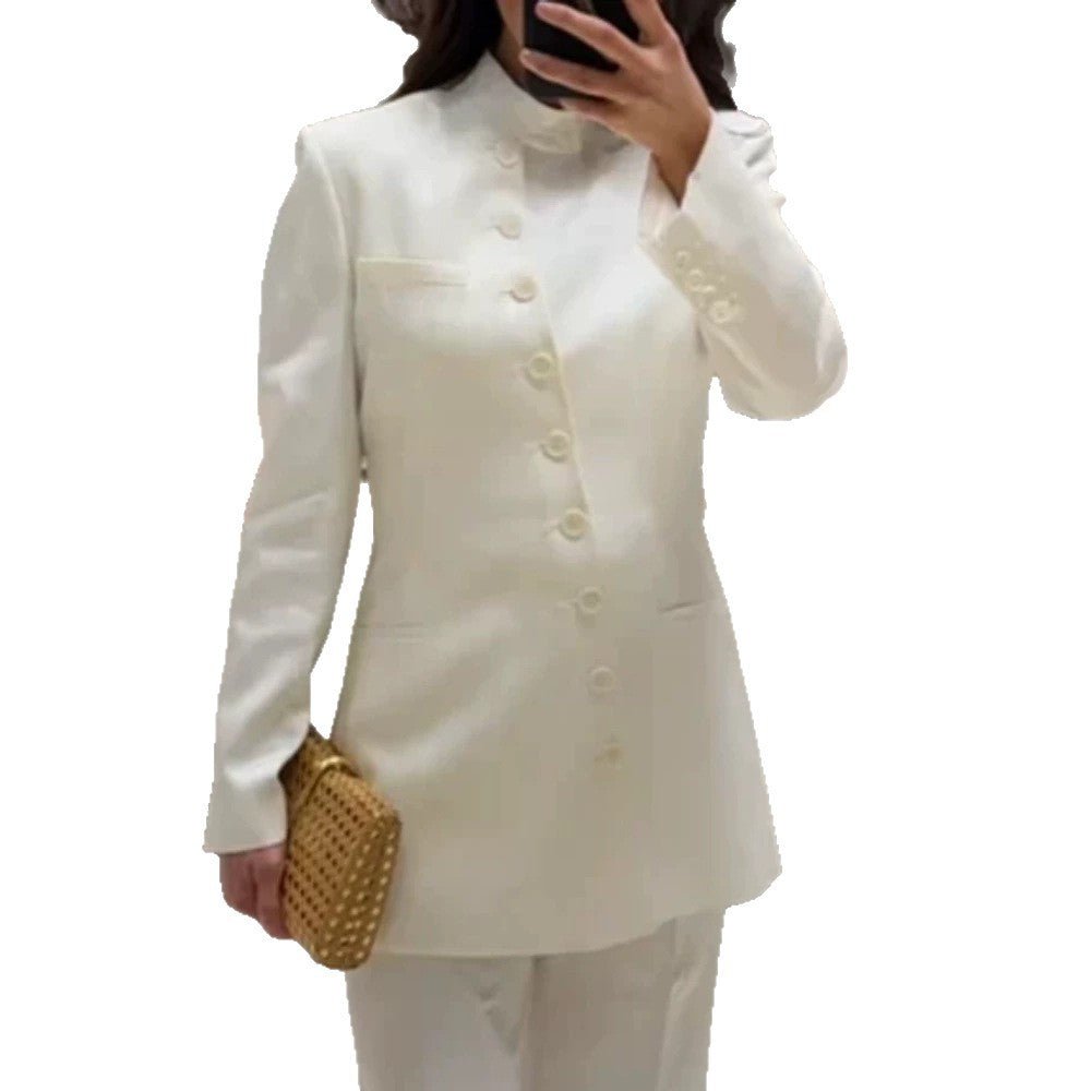 Women Longline Blazer with Stand Collar and Slim Silhouette Chichicherry - Chichicherry