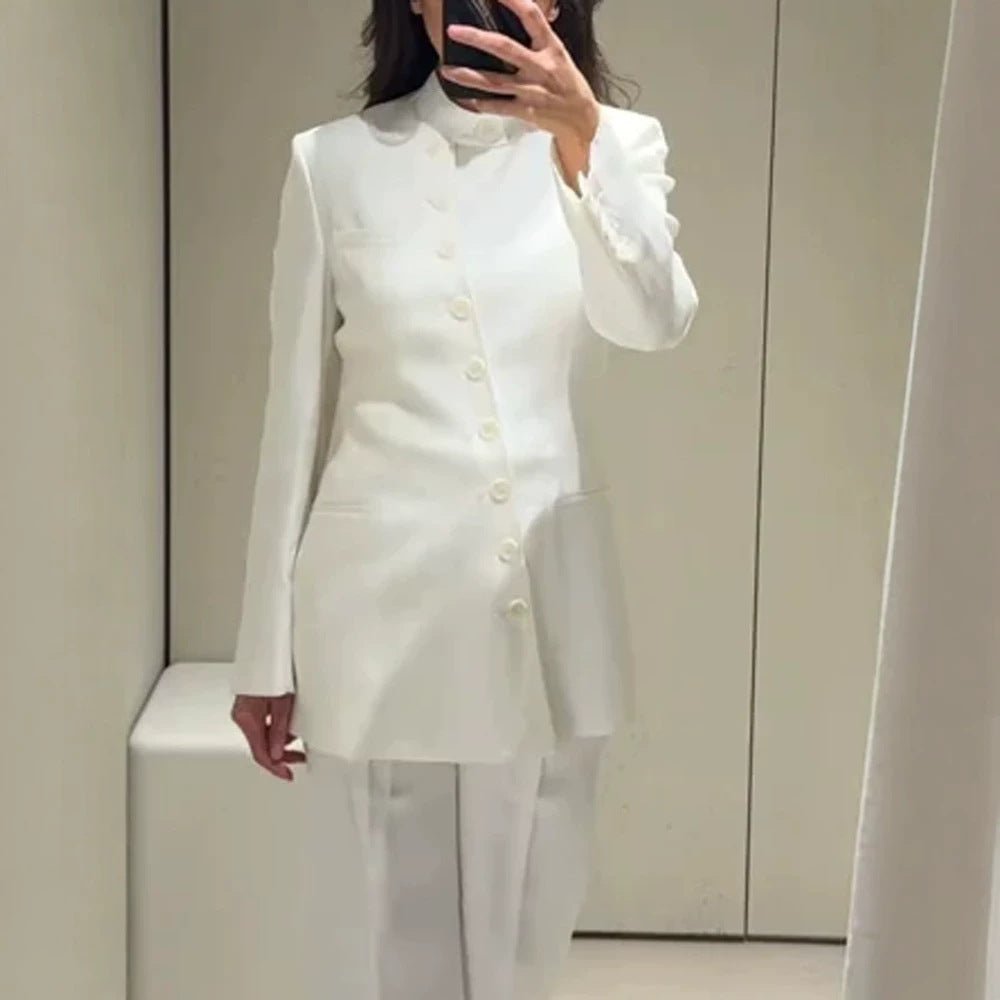 Women Longline Blazer with Stand Collar and Slim Silhouette Chichicherry - Chichicherry