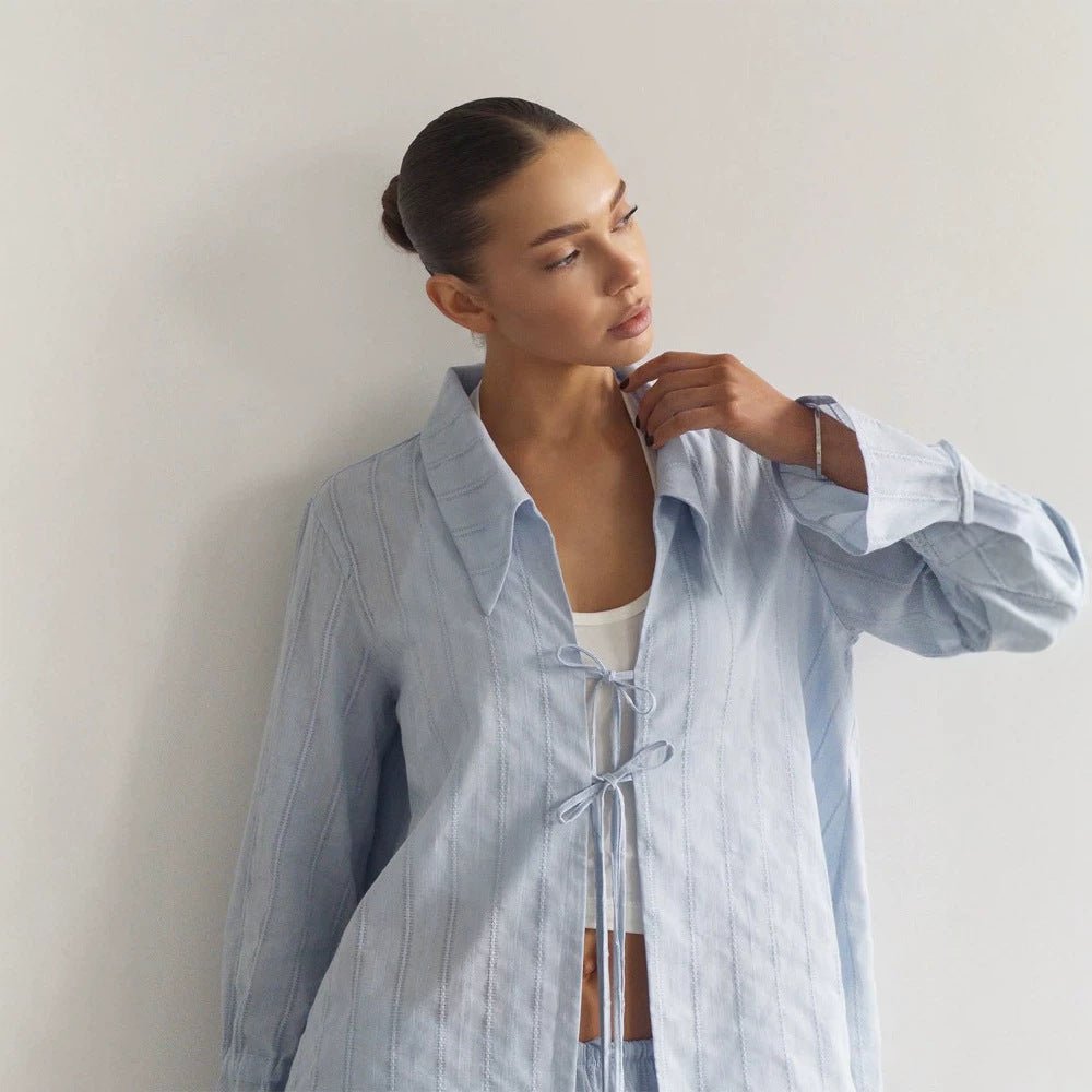 Women Loose Fitting Linen Look Blouse with Decorative Ties and Transparent Stripe Structure Chichicherry - Chichicherry