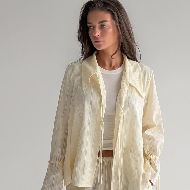 Women Loose Fitting Linen Look Blouse with Decorative Ties and Transparent Stripe Structure Chichicherry - Chichicherry