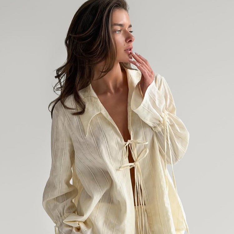 Women Loose Fitting Linen Look Blouse with Decorative Ties and Transparent Stripe Structure Chichicherry - Chichicherry