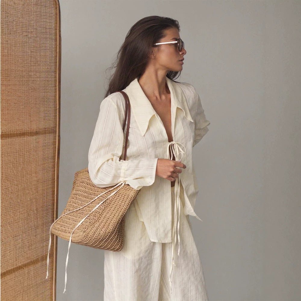 Women Loose Fitting Linen Look Blouse with Decorative Ties and Transparent Stripe Structure Chichicherry - Chichicherry