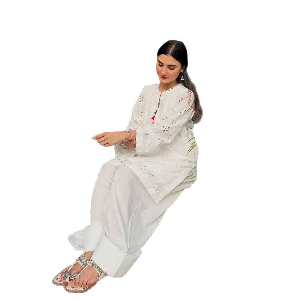 Women Loose Tunic Set with Broderie Anglaise and Wide Harem Pants Chichicherry - Chichicherry