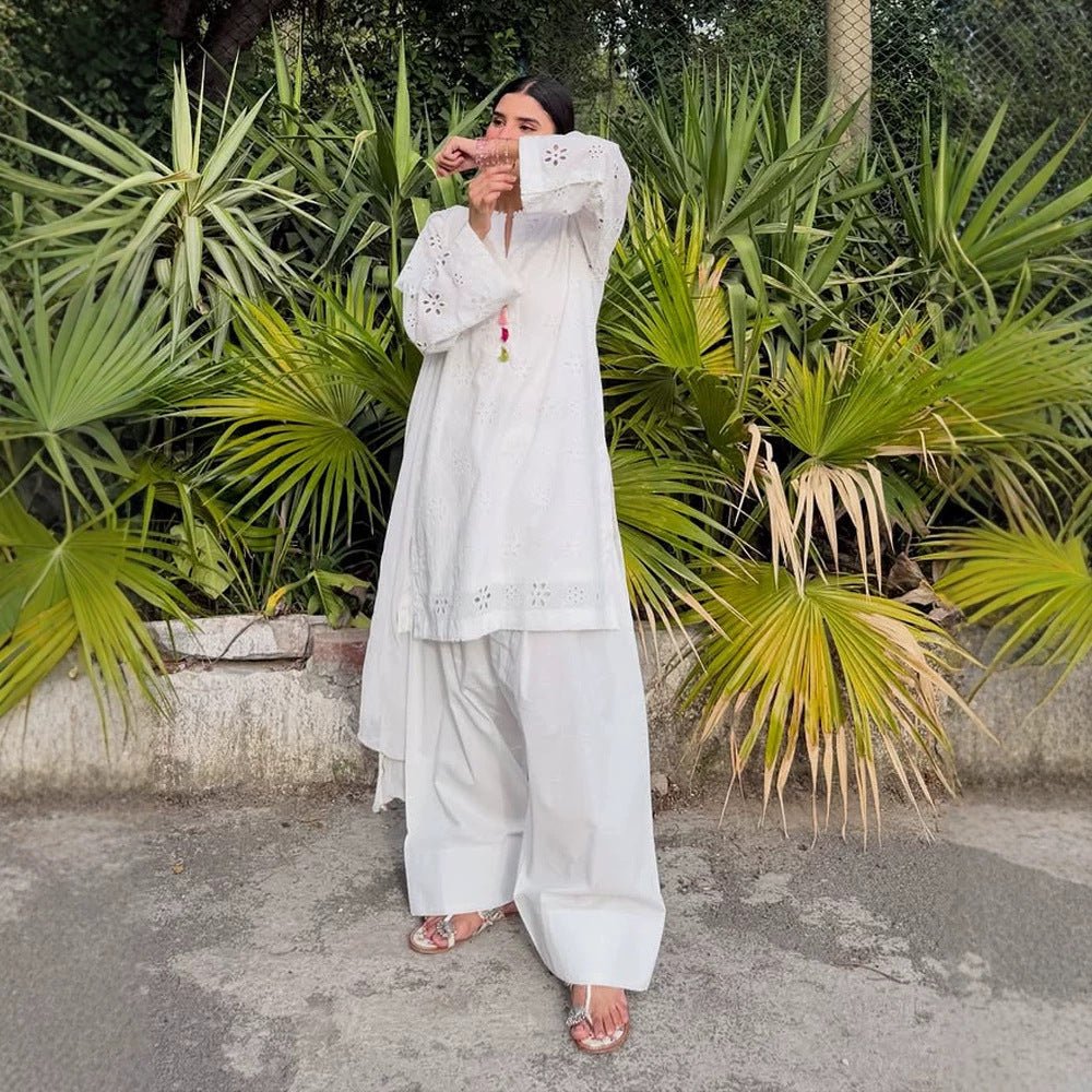 Women Loose Tunic Set with Broderie Anglaise and Wide Harem Pants Chichicherry - Chichicherry