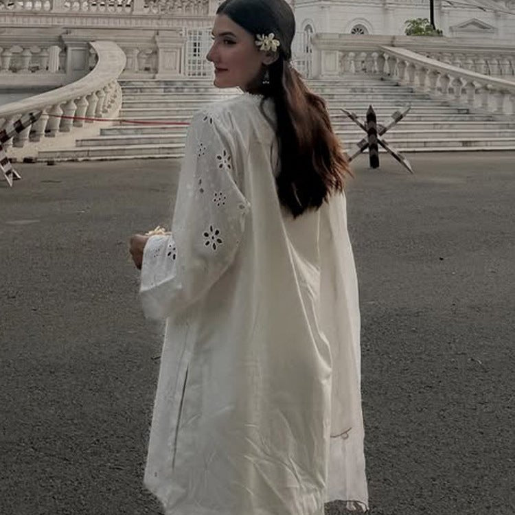 Women Loose Tunic Set with Broderie Anglaise and Wide Harem Pants Chichicherry - Chichicherry