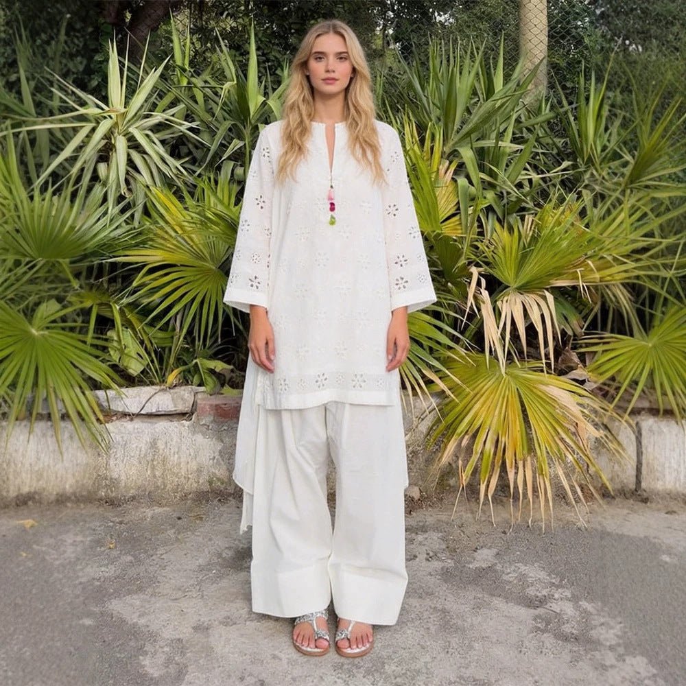 Women Loose Tunic Set with Broderie Anglaise and Wide Harem Pants Chichicherry - Chichicherry