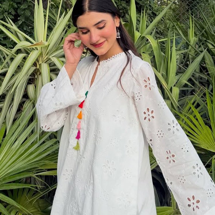 Women Loose Tunic Set with Broderie Anglaise and Wide Harem Pants Chichicherry - Chichicherry