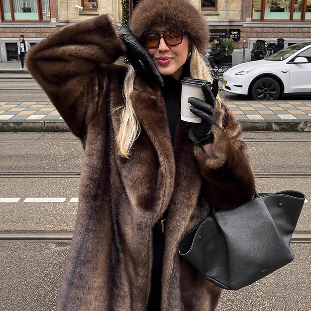Women Luxurious Long Faux Fur Coat with Oversized Cut and Warming Lining Chichicherry - Chichicherry