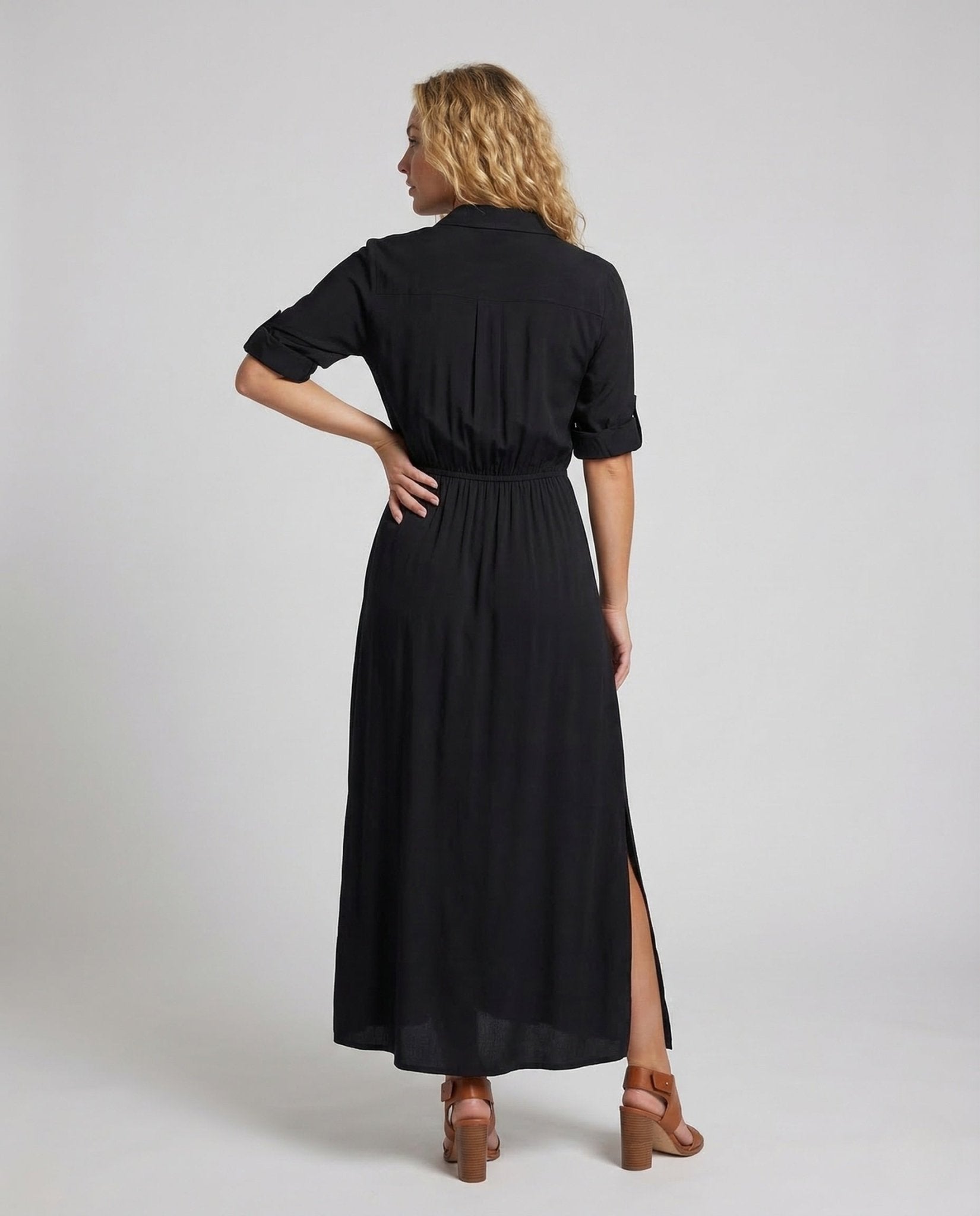 Women Maxi Dress Button Placket Belt - Chichicherry