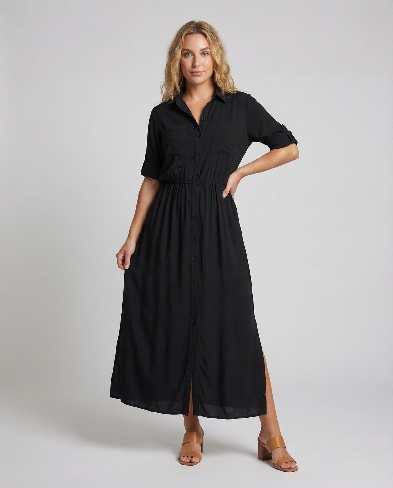 Women Maxi Dress Button Placket Belt - Chichicherry