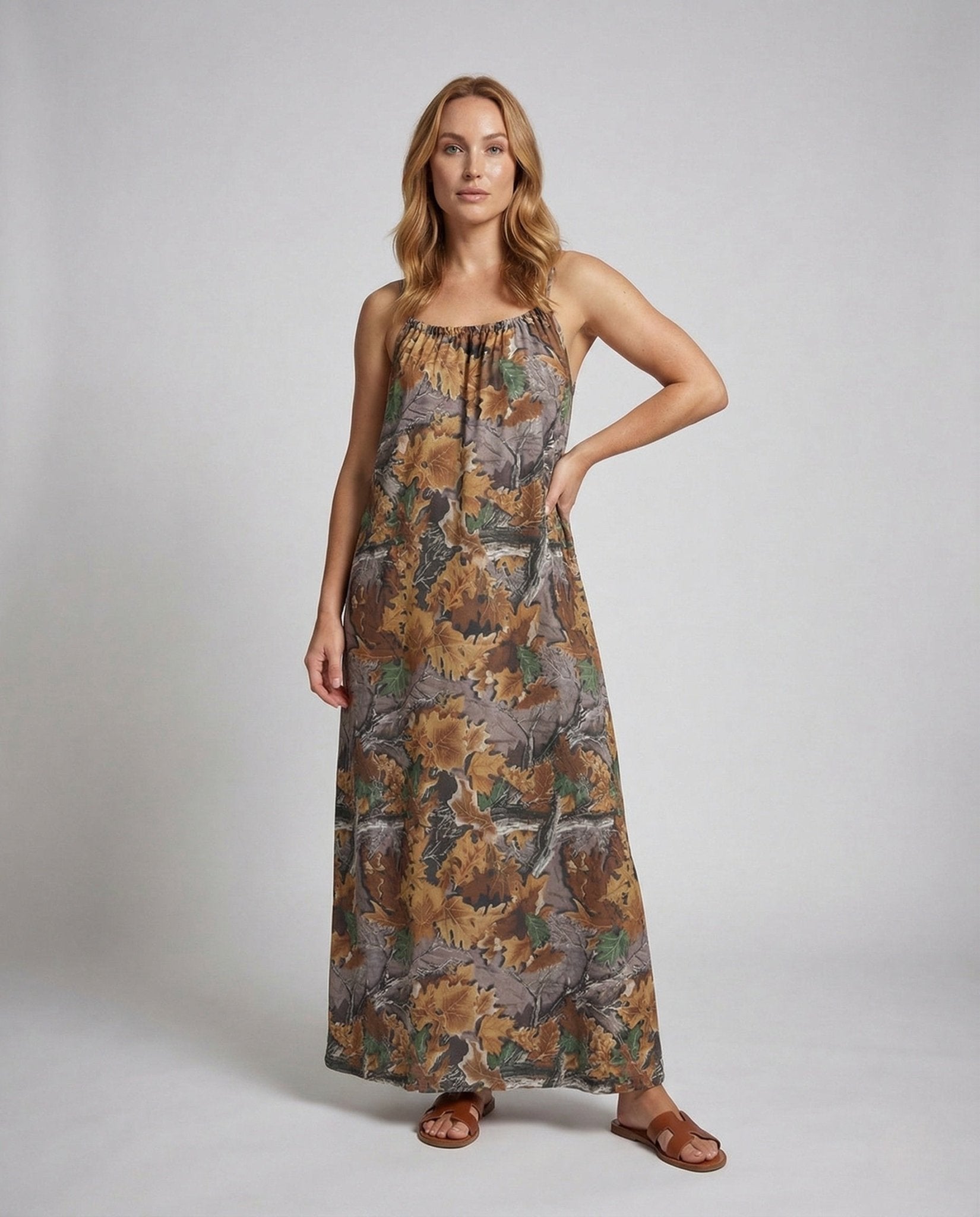 Women Maxi Dress Spaghetti Straps Leaf Print - Chichicherry