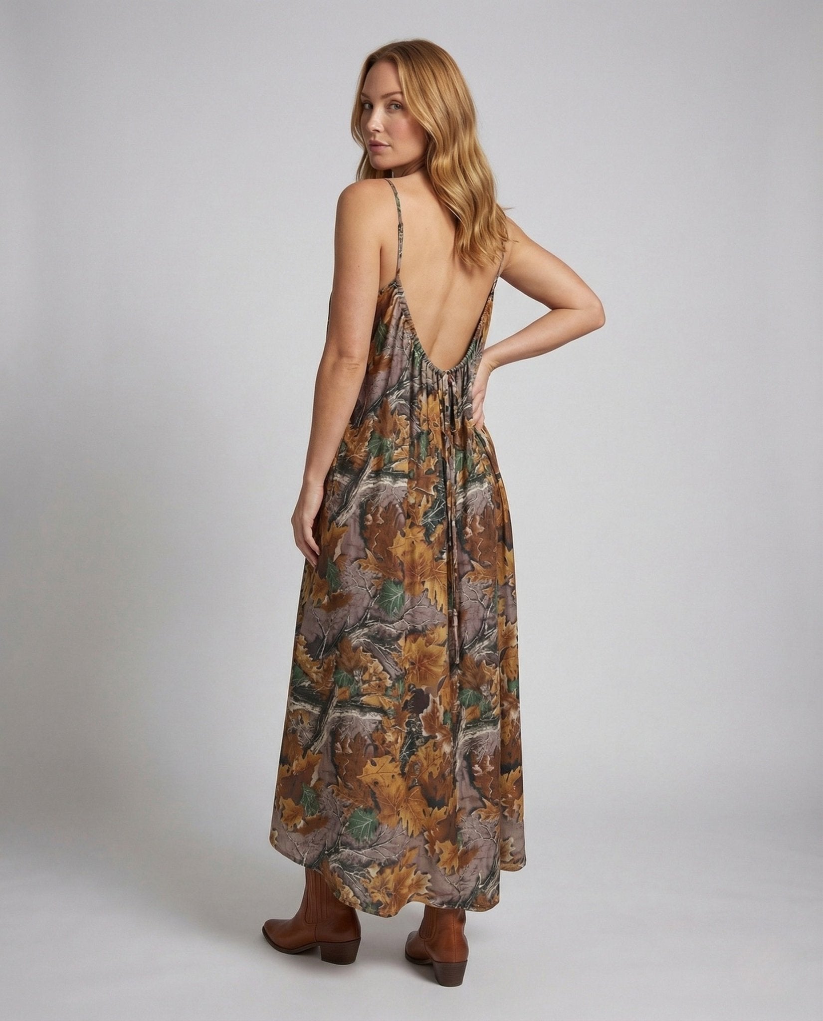 Women Maxi Dress Spaghetti Straps Leaf Print - Chichicherry
