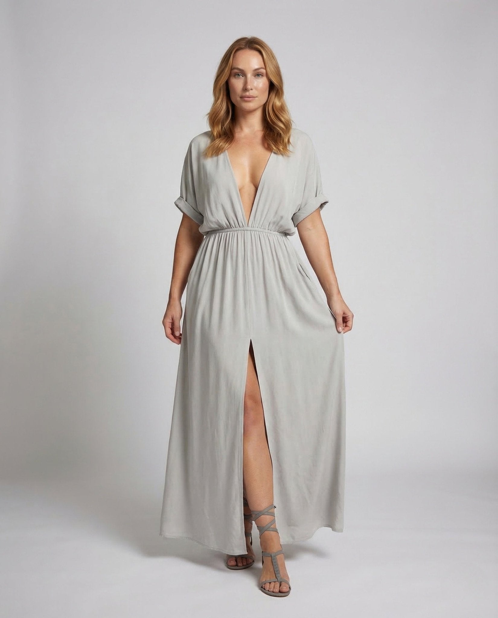 Women Maxi Dress V Neck Slit Elastic Waistband - Chichicherry