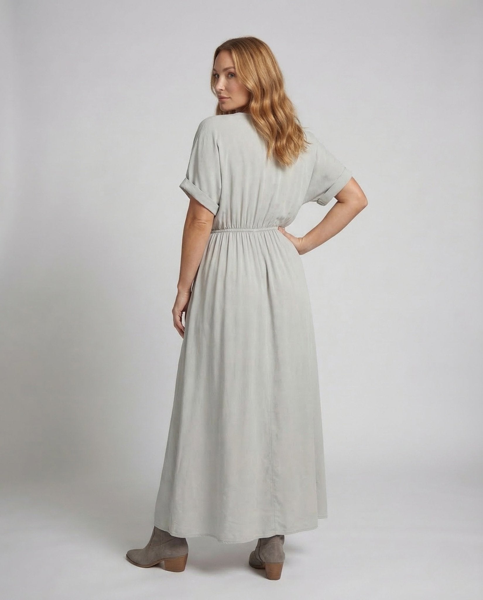 Women Maxi Dress V Neck Slit Elastic Waistband - Chichicherry