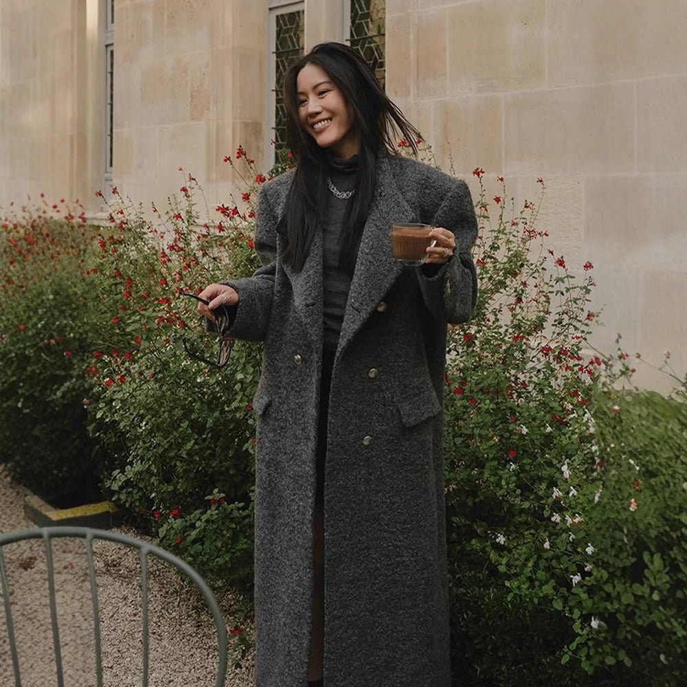 Women Maxi Long Oversize Wool Blend Coat Double-Breasted with Boxy Silhouette and Patch Pockets Chichicherry - Chichicherry
