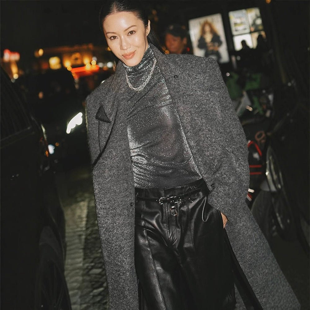 Women Maxi Long Oversize Wool Blend Coat Double-Breasted with Boxy Silhouette and Patch Pockets Chichicherry - Chichicherry