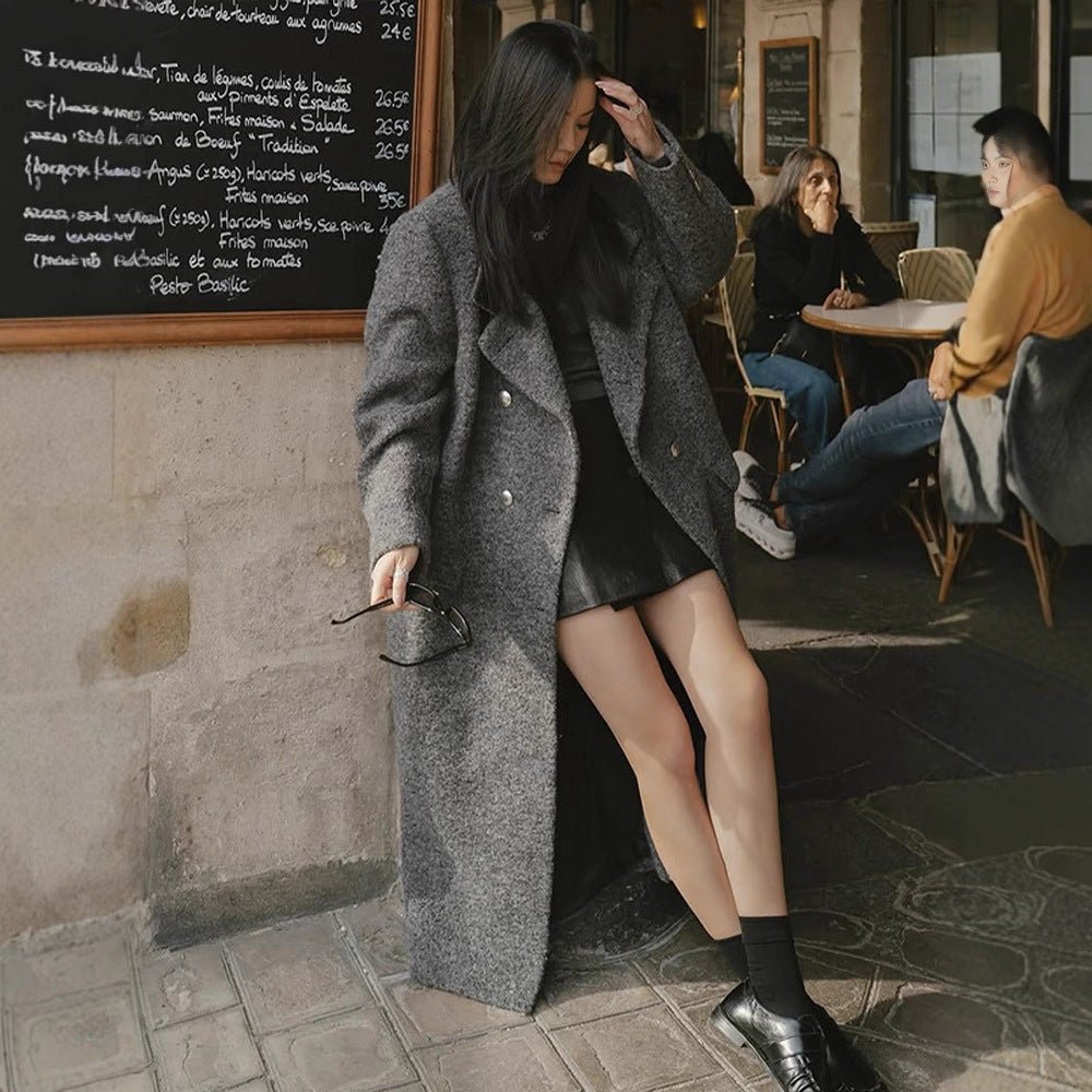 Women Maxi Long Oversize Wool Blend Coat Double-Breasted with Boxy Silhouette and Patch Pockets Chichicherry - Chichicherry