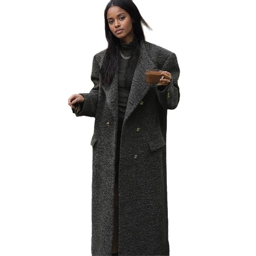 Women Maxi Long Oversize Wool Blend Coat Double-Breasted with Boxy Silhouette and Patch Pockets Chichicherry - Chichicherry