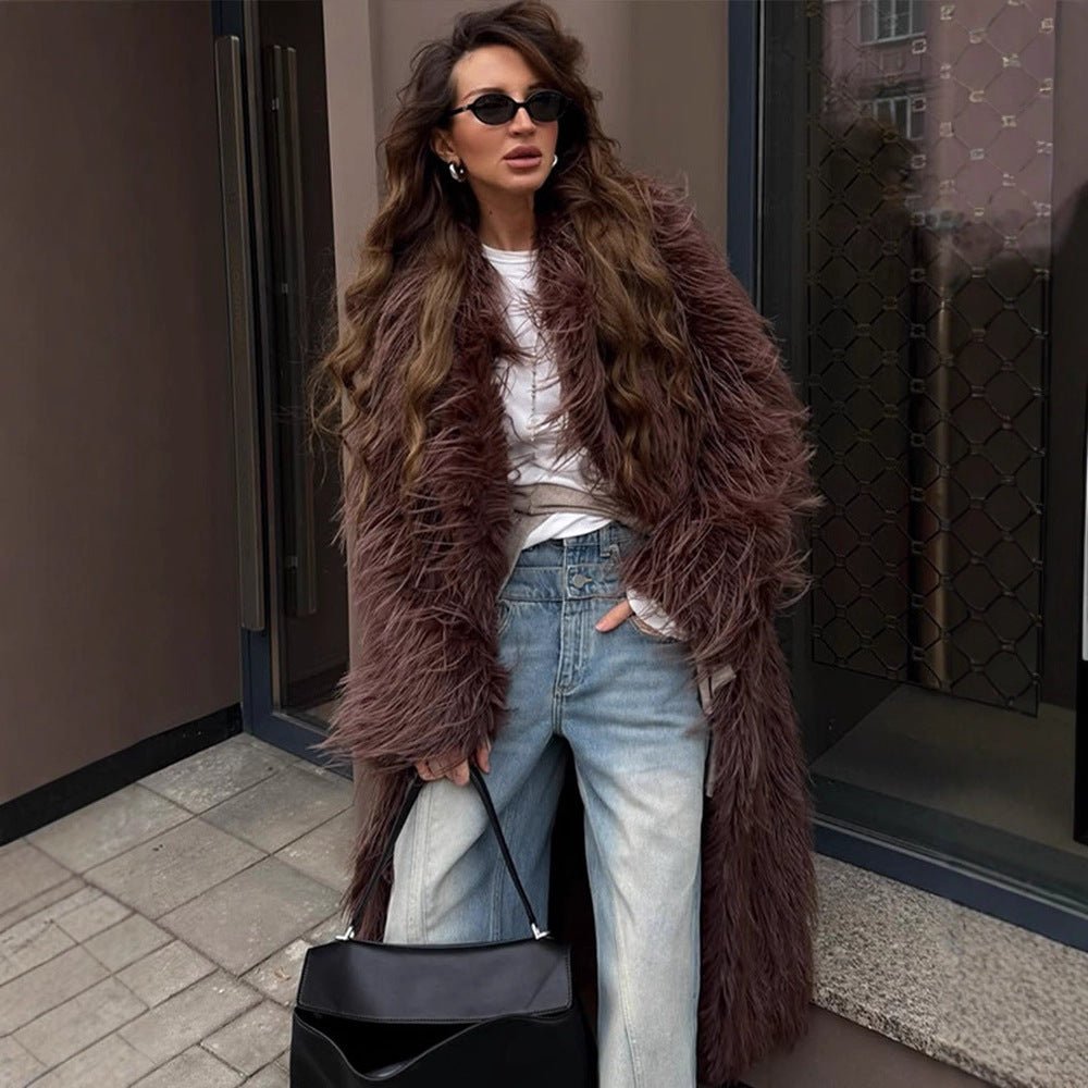 Women Maxi Long Shaggy Faux Fur Coat with Open Shawl Collar Chichicherry - Chichicherry