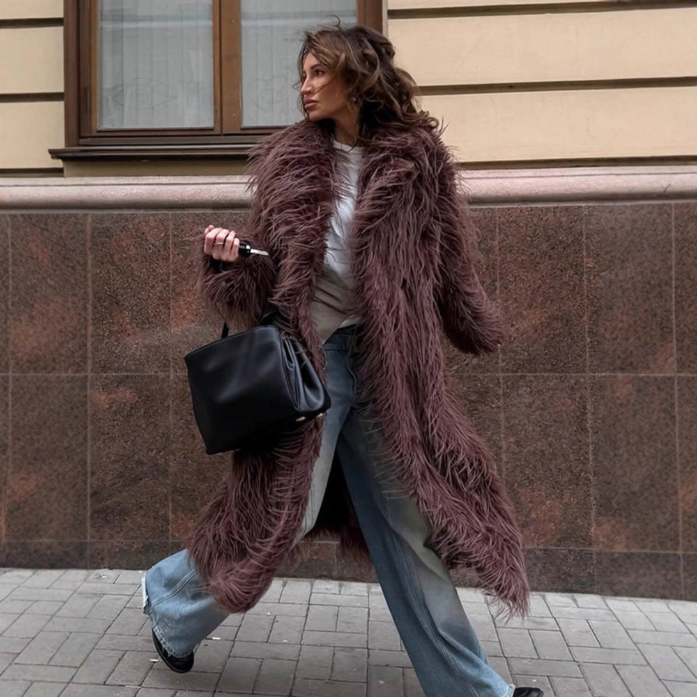Women Maxi Long Shaggy Faux Fur Coat with Open Shawl Collar Chichicherry - Chichicherry