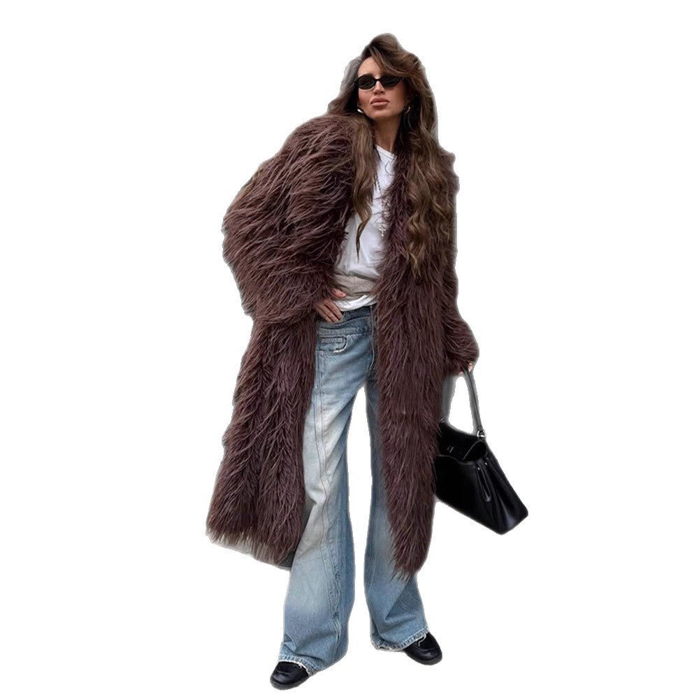 Women Maxi Long Shaggy Faux Fur Coat with Open Shawl Collar Chichicherry - Chichicherry