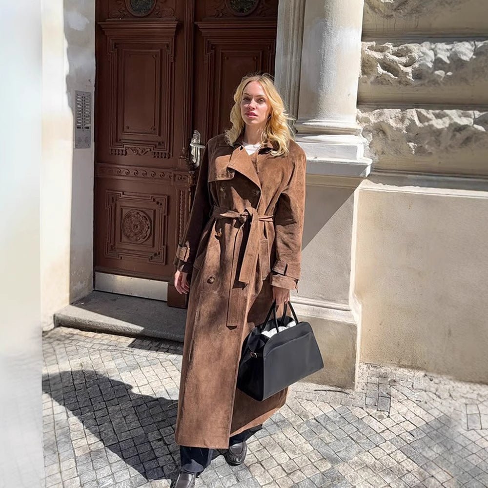 Women Maxi Long Suede Trench Coat with Tied Belt Chichicherry - Chichicherry