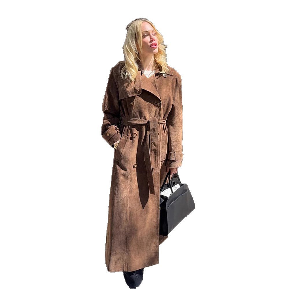 Women Maxi Long Suede Trench Coat with Tied Belt Chichicherry - Chichicherry