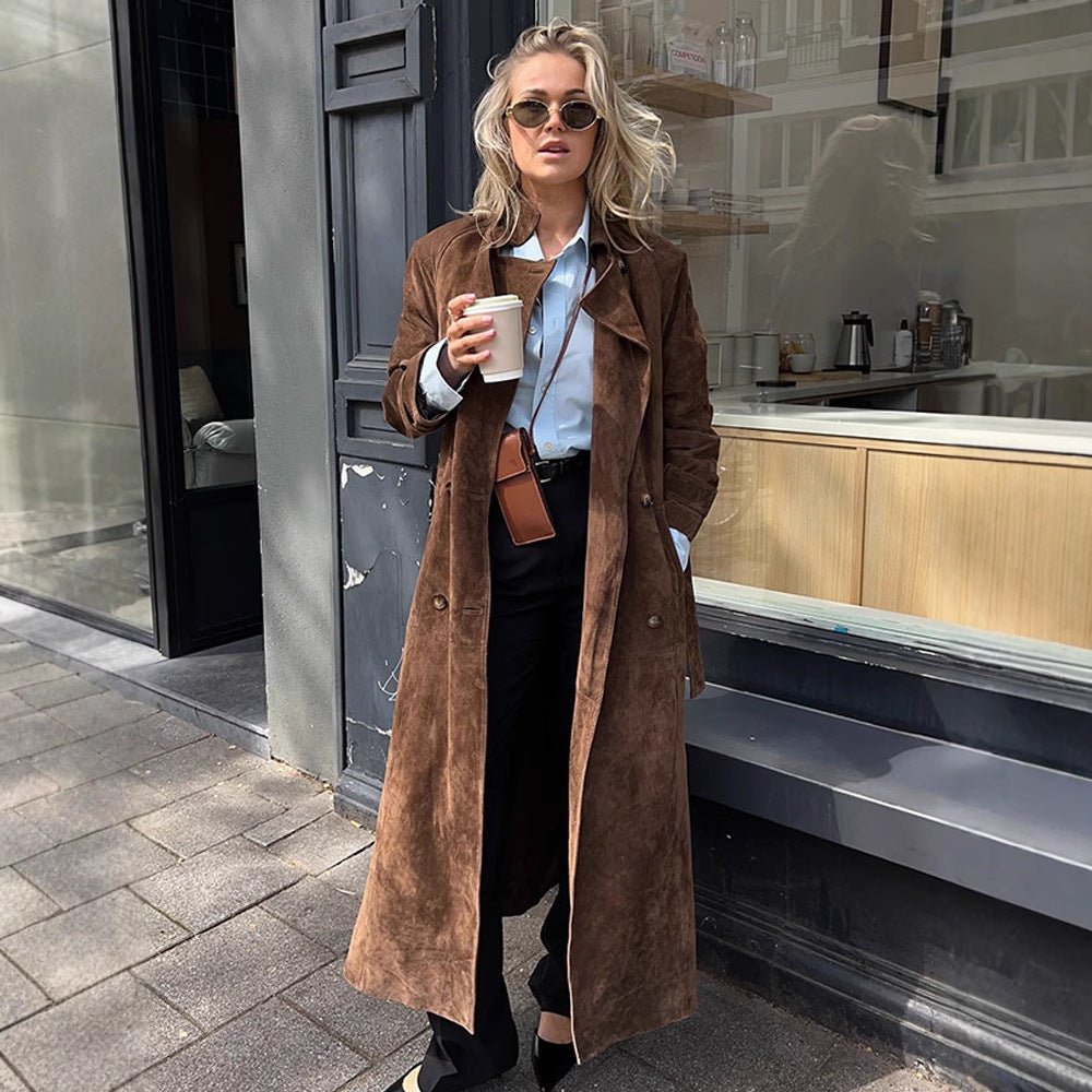 Women Maxi Long Suede Trench Coat with Tied Belt Chichicherry - Chichicherry