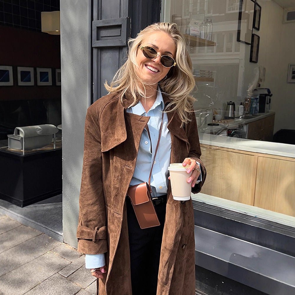 Women Maxi Long Suede Trench Coat with Tied Belt Chichicherry - Chichicherry