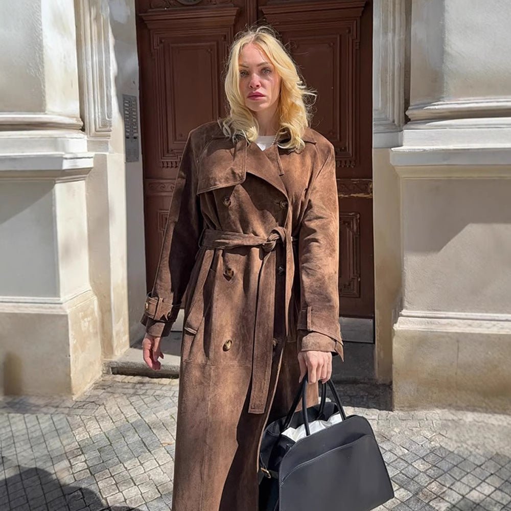 Women Maxi Long Suede Trench Coat with Tied Belt Chichicherry - Chichicherry
