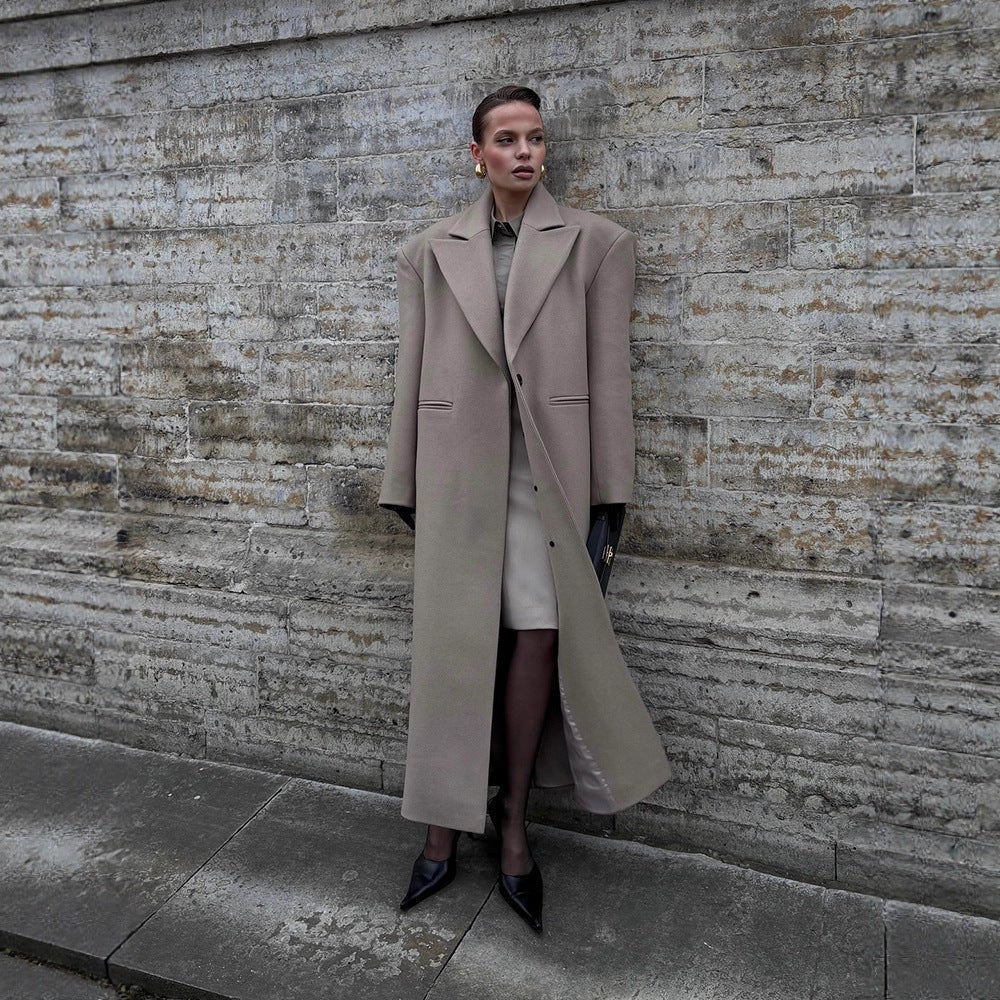 Women Maxilength Clean-Cut Wool Blend Coat with Oversized Lapels and Straight Silhouette Chichicherry - Chichicherry