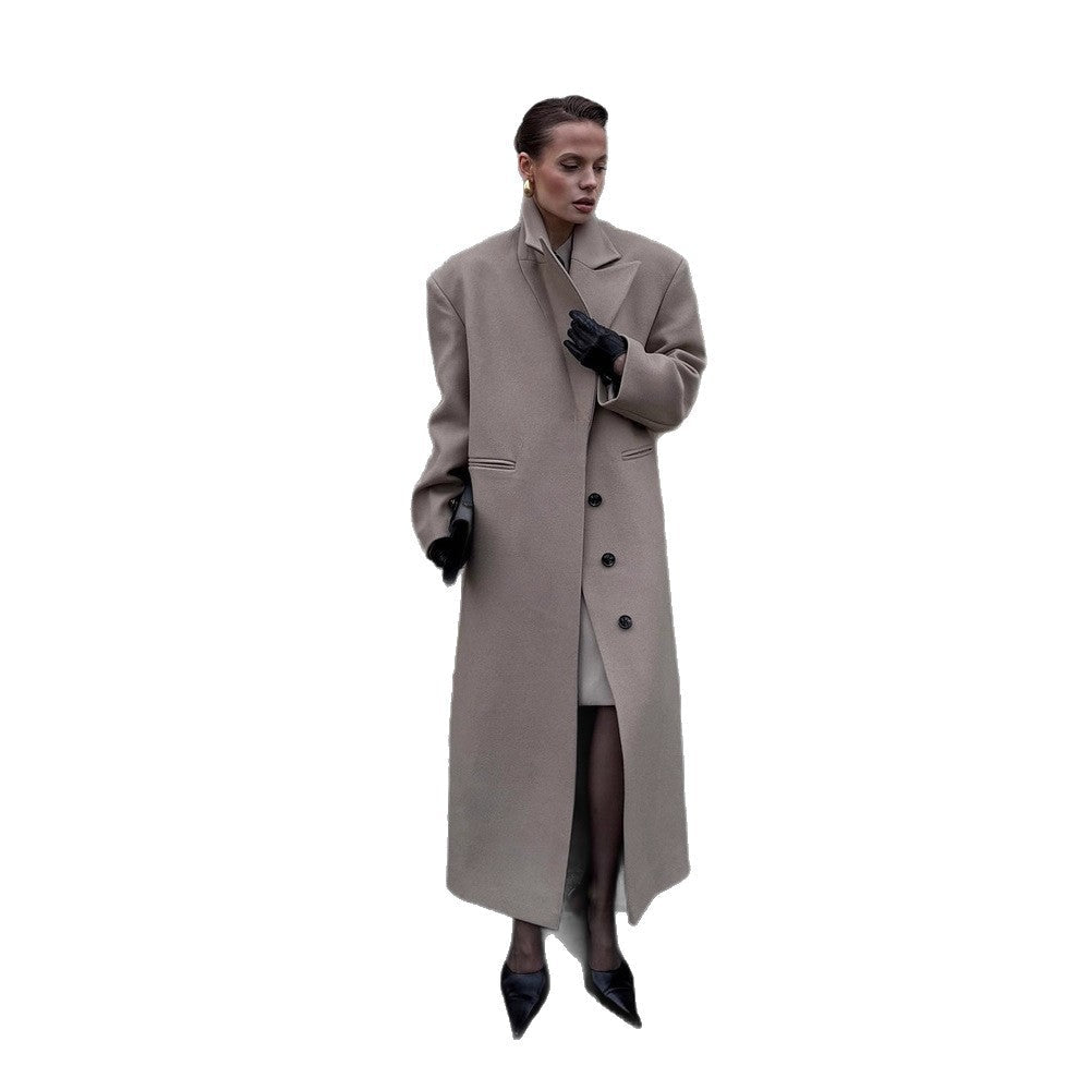 Women Maxilength Clean-Cut Wool Blend Coat with Oversized Lapels and Straight Silhouette Chichicherry - Chichicherry