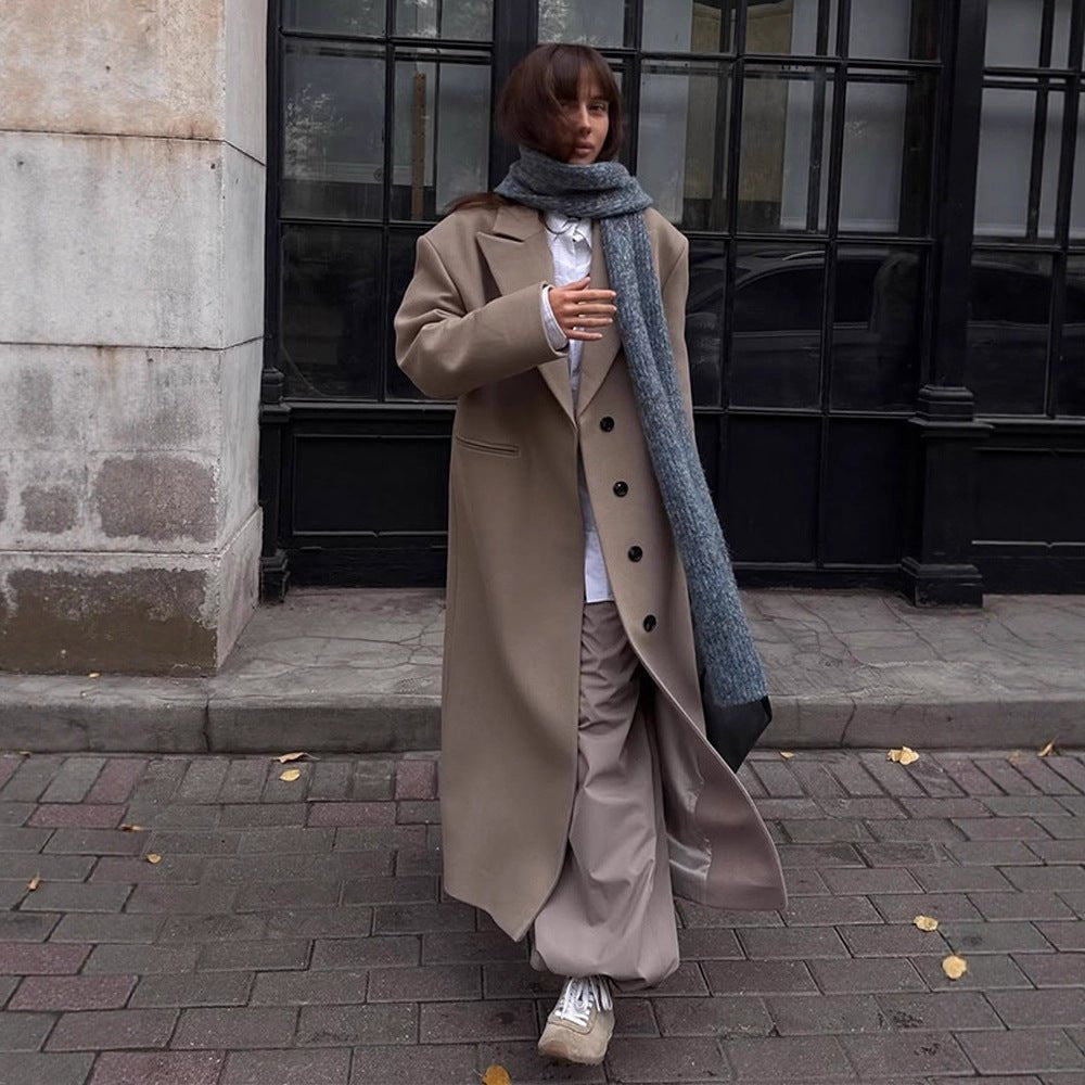 Women Maxilength Clean-Cut Wool Blend Coat with Oversized Lapels and Straight Silhouette Chichicherry - Chichicherry