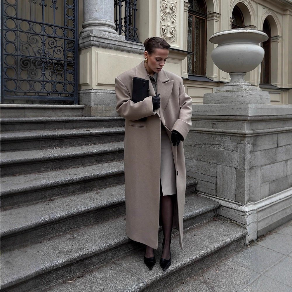 Women Maxilength Clean-Cut Wool Blend Coat with Oversized Lapels and Straight Silhouette Chichicherry - Chichicherry