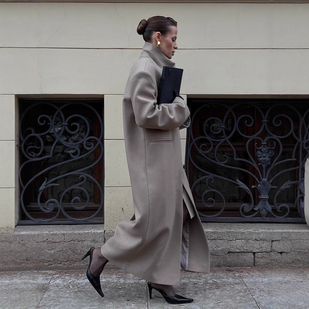 Women Maxilength Clean-Cut Wool Blend Coat with Oversized Lapels and Straight Silhouette Chichicherry - Chichicherry