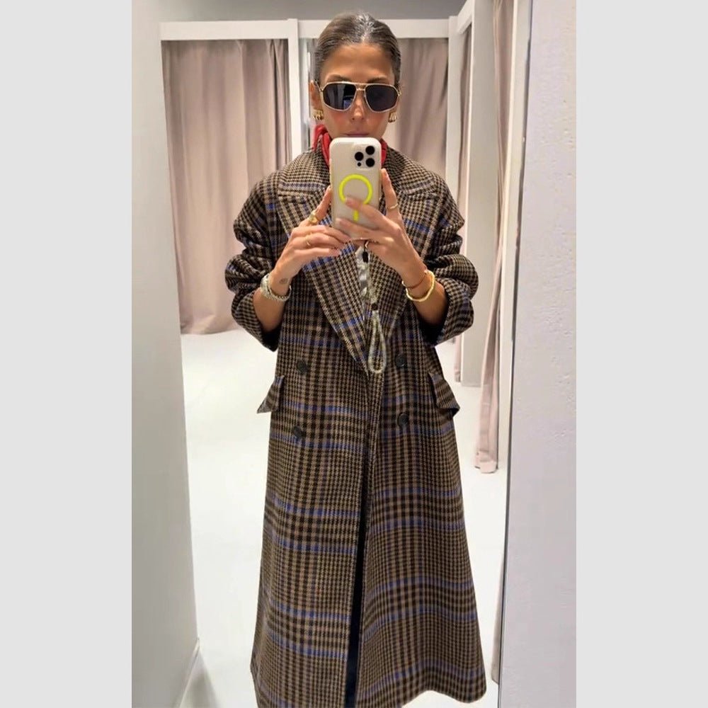 Women Maxilength Oversized Double-Breasted Coat with Emphasized Shoulder and Flap Pockets Chichicherry - Chichicherry